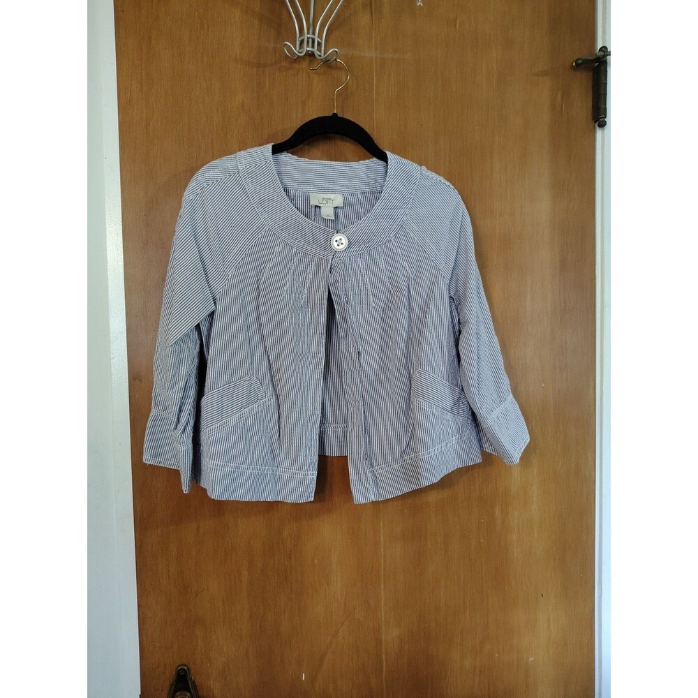 Womens Ann Taylor Loft Seersucker Cropped Jacket Blue White 6